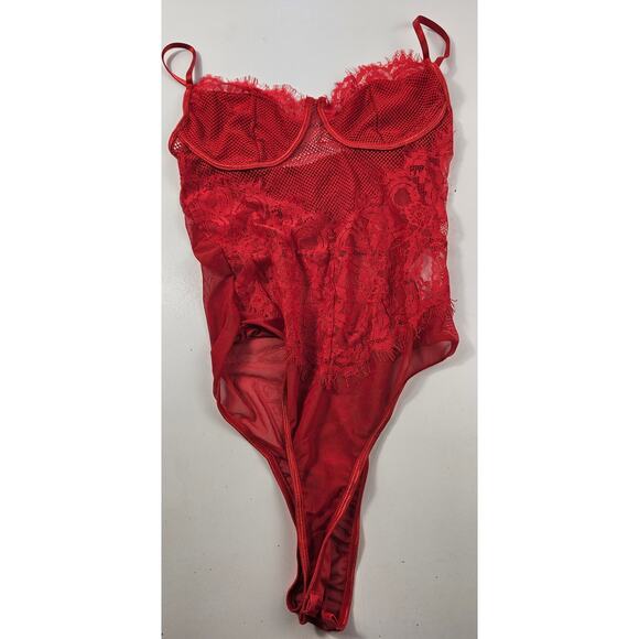 NWT kaei & shi see through lace red thong bodysuit lingerie sexy L lace intimate - Picture 4 of 9